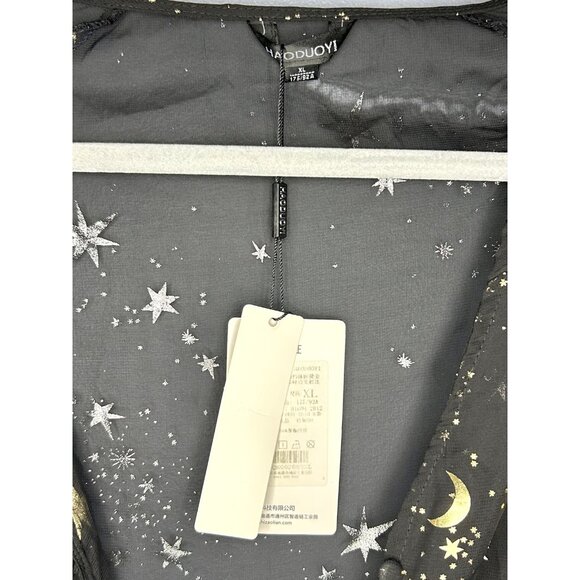 Haoduoyi Mini Dress Womens XL Gold Star Moon Sheer Chiffon Long Sleeve Tunic Top - Picture 7 of 13